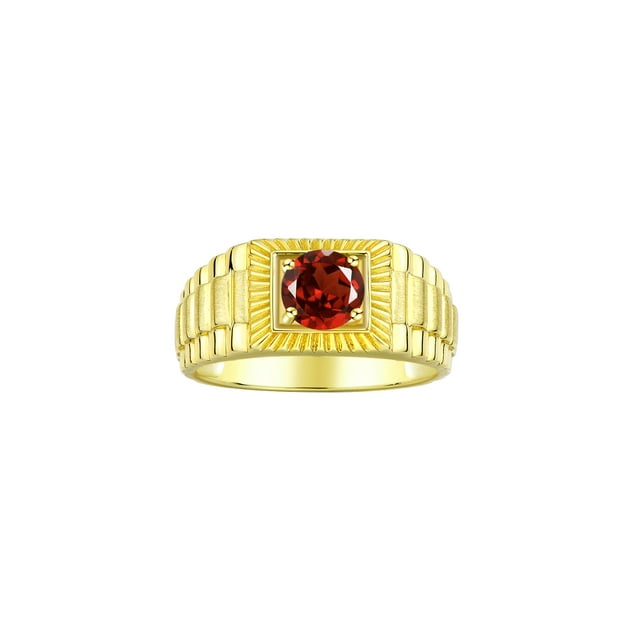 RYLOS Men's Ring Yellow Gold Plated Silver Ring, 7MM Round Shape Gemstone Designer Style Rings Garnet January Birthstone Rings Silver Size 13