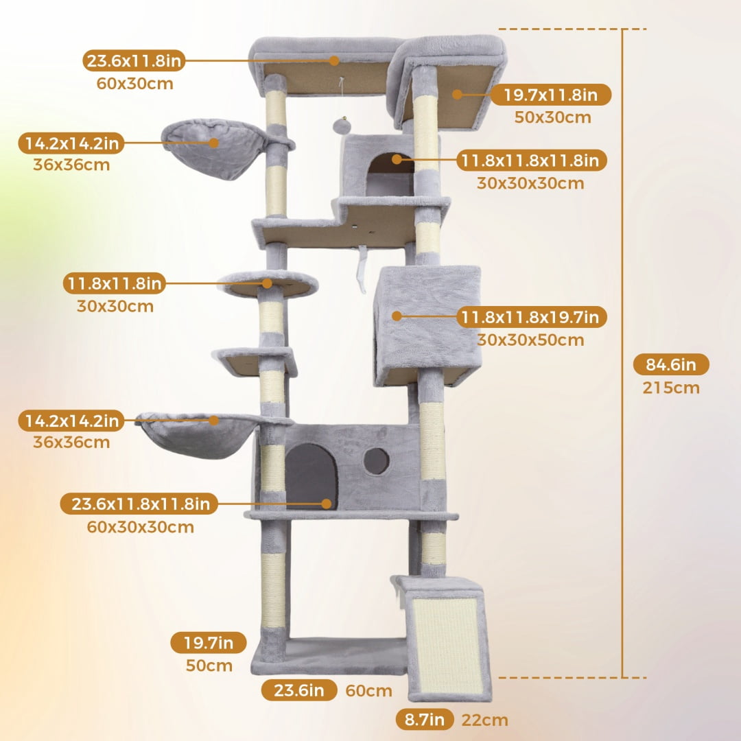 Yougu 84 in  Cat Tree Tower With Large Condo Sisal Scratching Post Big Hammock and top Platform,Light Gray