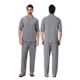 thumbnail image 2 of FOCUSNORM Men's Summer Outfits Solid Color V-Neck Half Sleeve Tops with Drawstring Long Pants Cotton Linen Set, 2 of 9