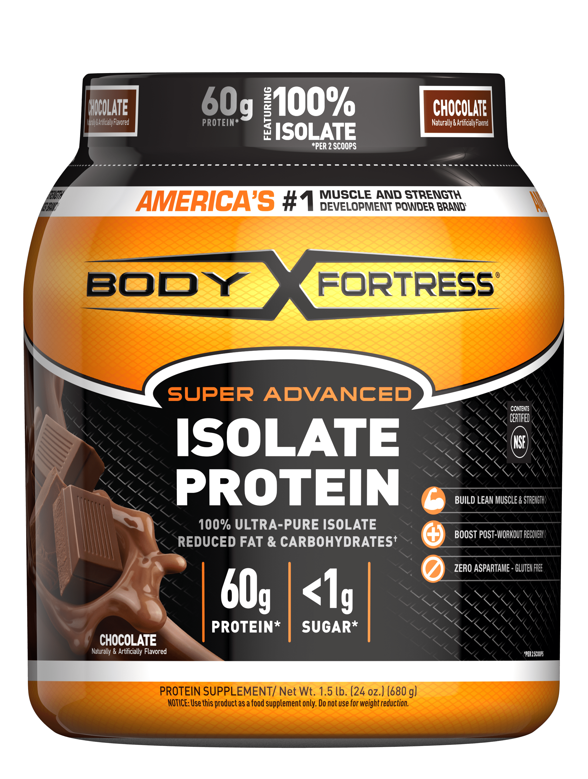 Body Fortress Super Advanced Isolate Protein, Chocolate, Protein Powder Supplement, Reduced Fat & Carbohydrates, 1.5 lb Jar (Packaging May Vary)