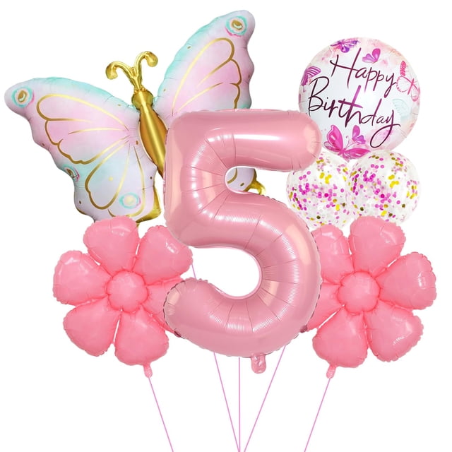 Set de globos de cumpleaños JKGOO Pink Butterfly para quinto cumpleaños