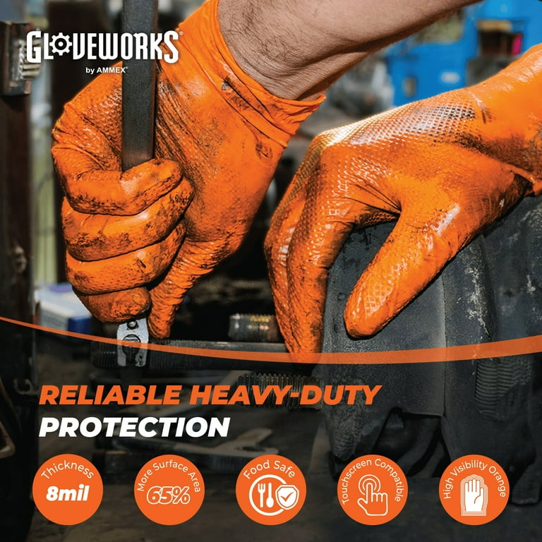 GLOVEWORKS Heavy Duty Orange Gloves for Mechanics, Auto, Nitrile
