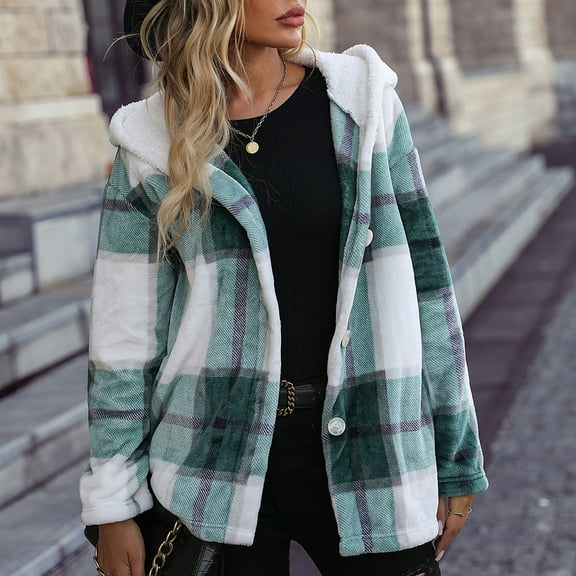 Usmixi Womens Hooded Coat Women Fuzzy Fleece Jacket Classic Plaid Print Button Down Hooded Outerwear Loose Long Sleeve Cozy Plush Shacket Coat Winter Hooded Coat