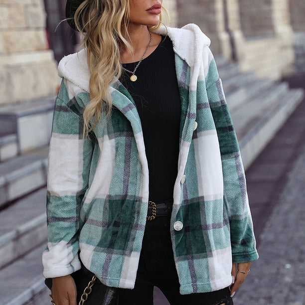 Puntoco Abrigo Holgado De Marta Dorada De Manga Larga A Cuadros De Longitud Media Con Capucha Para Mujer Otoño/Invierno Puntoco Puntoco-1