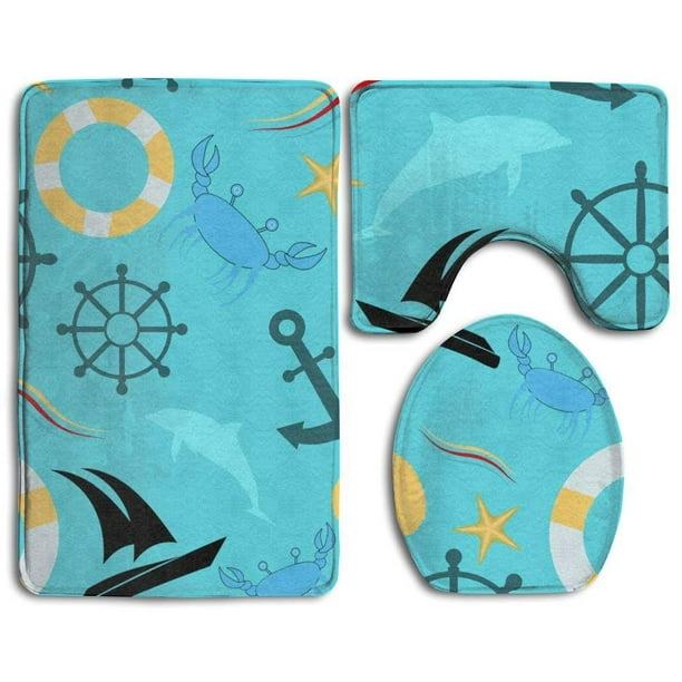 GOHAO Nautical Elements 3 Piece Bathroom Rugs Set Bath Rug Contour Mat