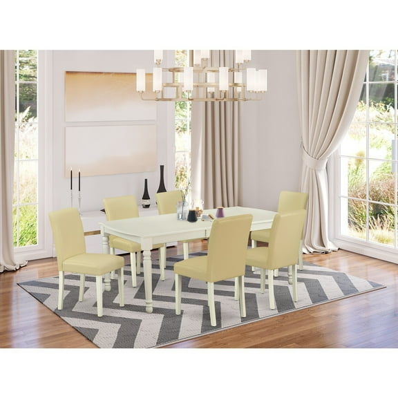 Rectangle Dining Table Set 7Pc - 60x78 Inch Table w/ Leaf & 6 Parsons Chairs - White PU Leather