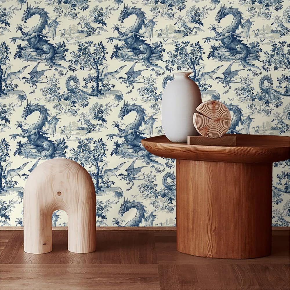 Wild Creature Dragon Light Yellow Blue Tree Peel and Stick Wallpaper Easy Peel Off Contact Paper Vintage Vinyl Self Adhesive Removable Stick on Wall Paper for Kitchen Cabinet Renter Friendly