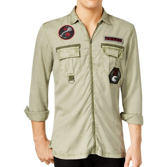 I-N-C Mens Zip-Front Patch Embellished T-Shirt, Green, Large