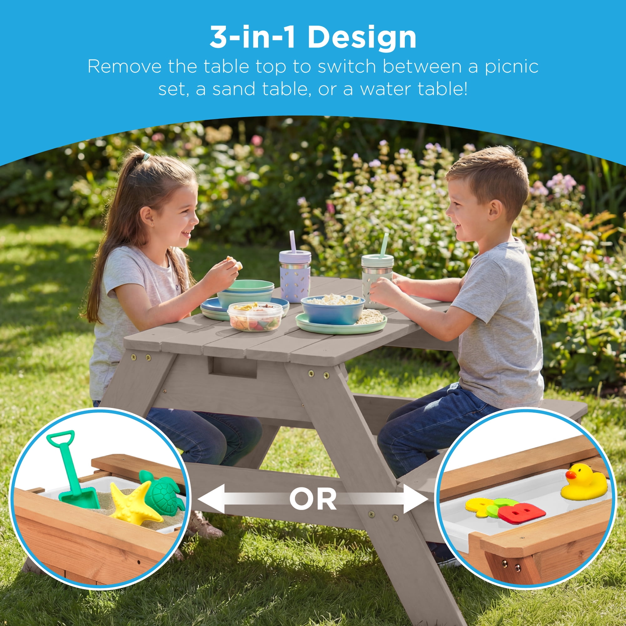 Best Choice Products Kids 3-in-1 Outdoor Sand and Water Activity Picnic Table with Umbrella - Gray/Navy