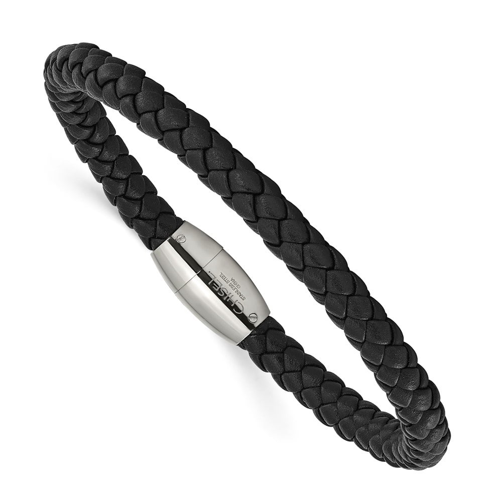 Diamond2Deal Stainless Steel Polished Black Braided Leather Bracelet for Men 8.5"