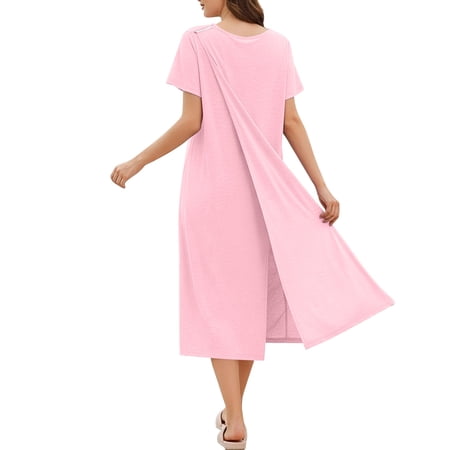 SAFUNY Women s Square Neck Short Sleeve Full Maxi Dress Pullover Lightweight Wedding Guest Evening Vacation Dress Pink S