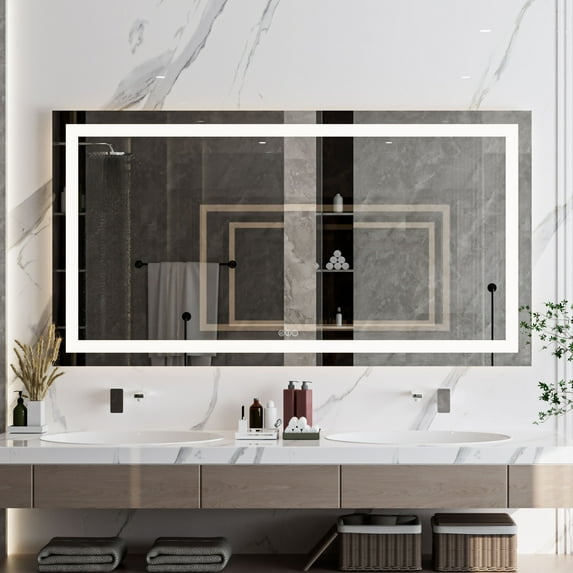 Pouseayar Bathroom Mirror with LED Light, 60x32" Dimmable Mirrors with Front Light & Backlit-3 Colors - Memory Function