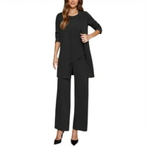 Wovix Fall Outfits For Women 2025 Trendy Sets 3 Piece Suit Set Stylish Formal Workwear Crewneck Elbow Sleeve Solid Color Outfit Long Pants Business Casual Sweatsuit Lounge Set Matching Sets