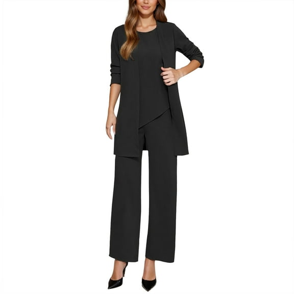 Wovix Fall Outfits For Women 2025 Trendy Sets 3 Piece Suit Set Stylish Formal Workwear Crewneck Elbow Sleeve Solid Color Outfit Long Pants Business Casual Sweatsuit Lounge Set Matching Sets