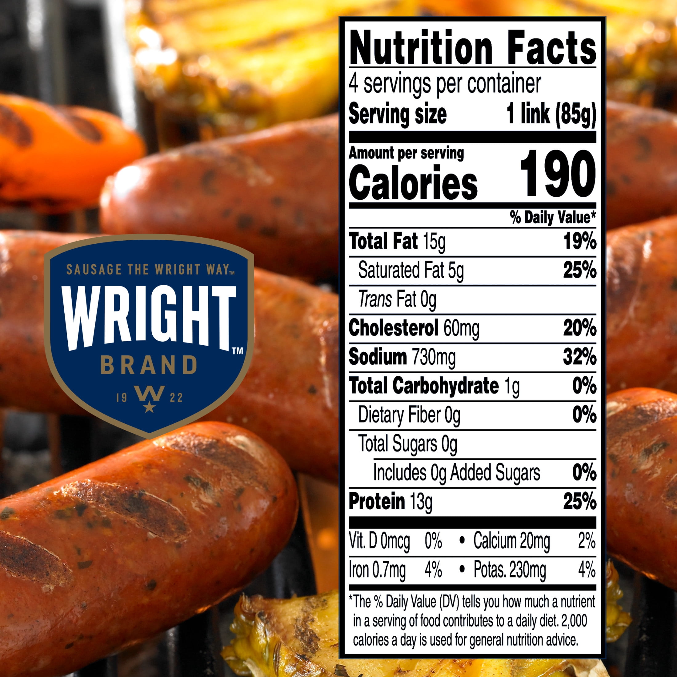 Wright Brand Real Wood Smoked Applewood Smoked Sausage, 12 oz, 4 Count (Refrigerated)
