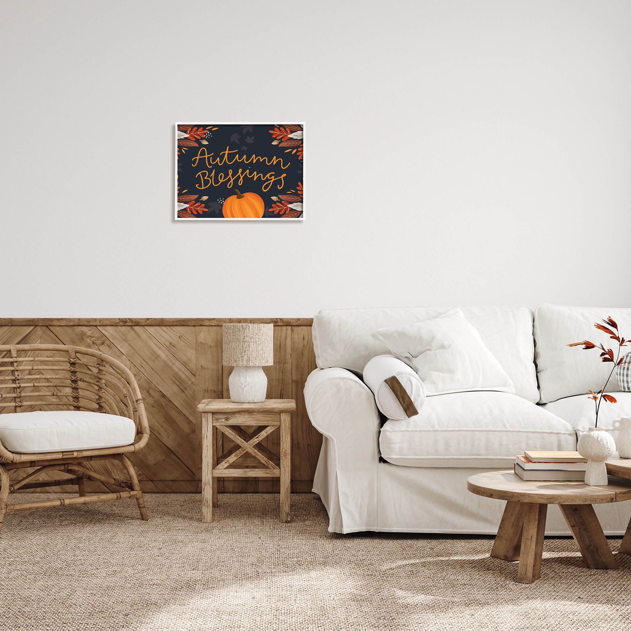 Autumn Blessings Fall Leaves Pumpkin Holiday Graphic Art White Framed Art Print Wall Art