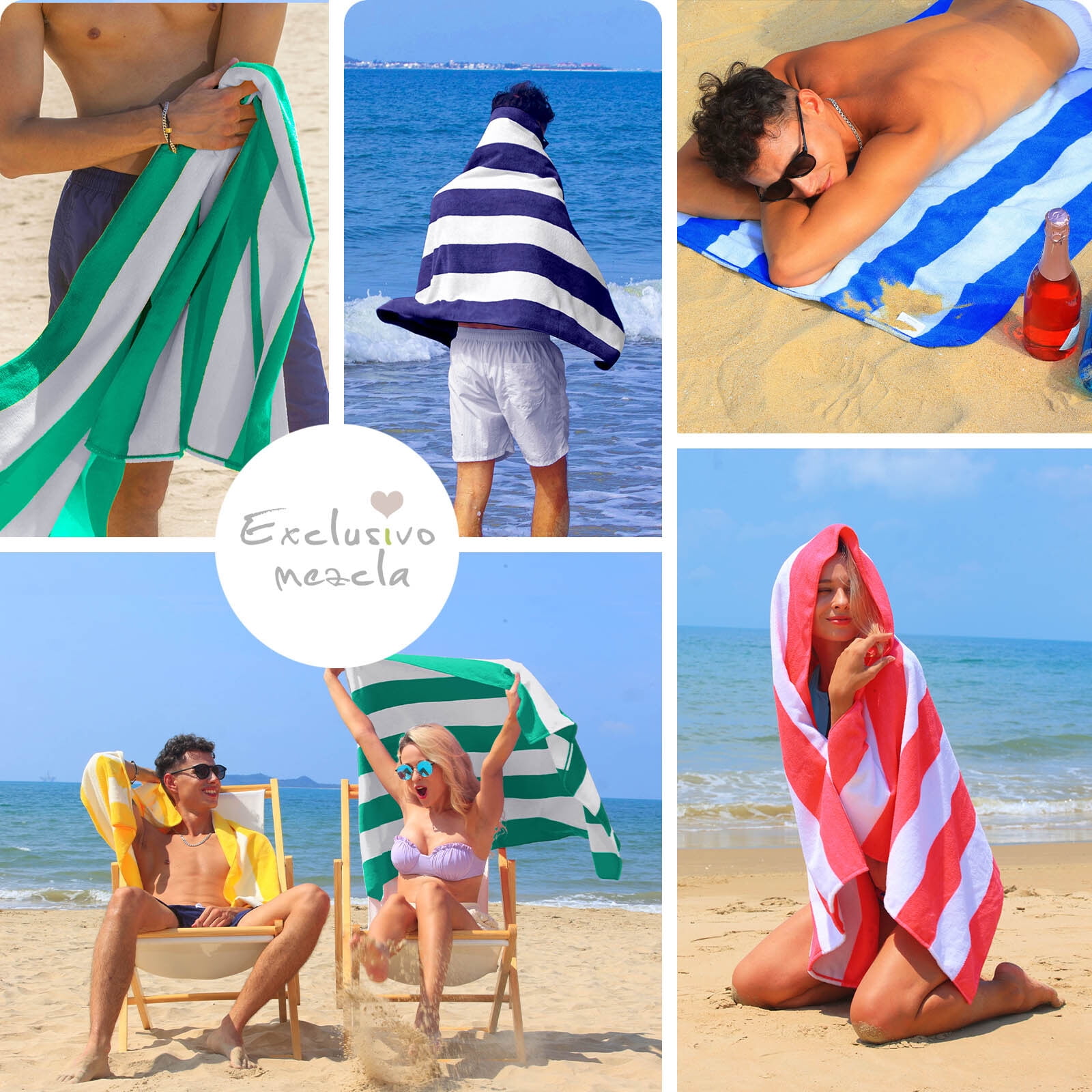 Exclusivo Mezcla 4-Pack Large Cabana Stripe Lightweight Soft Microfiber Beach Towels, Highly Absorbent Travel Pool Towel(Blue,30"x60")