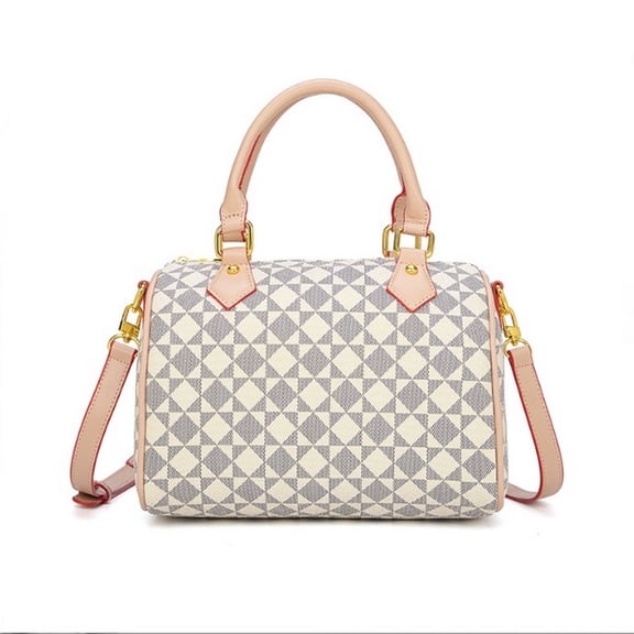 Geometric Diamond‑Print Boston Handbag, Top‑Handle Satchel with Detachable Crossbody Strap