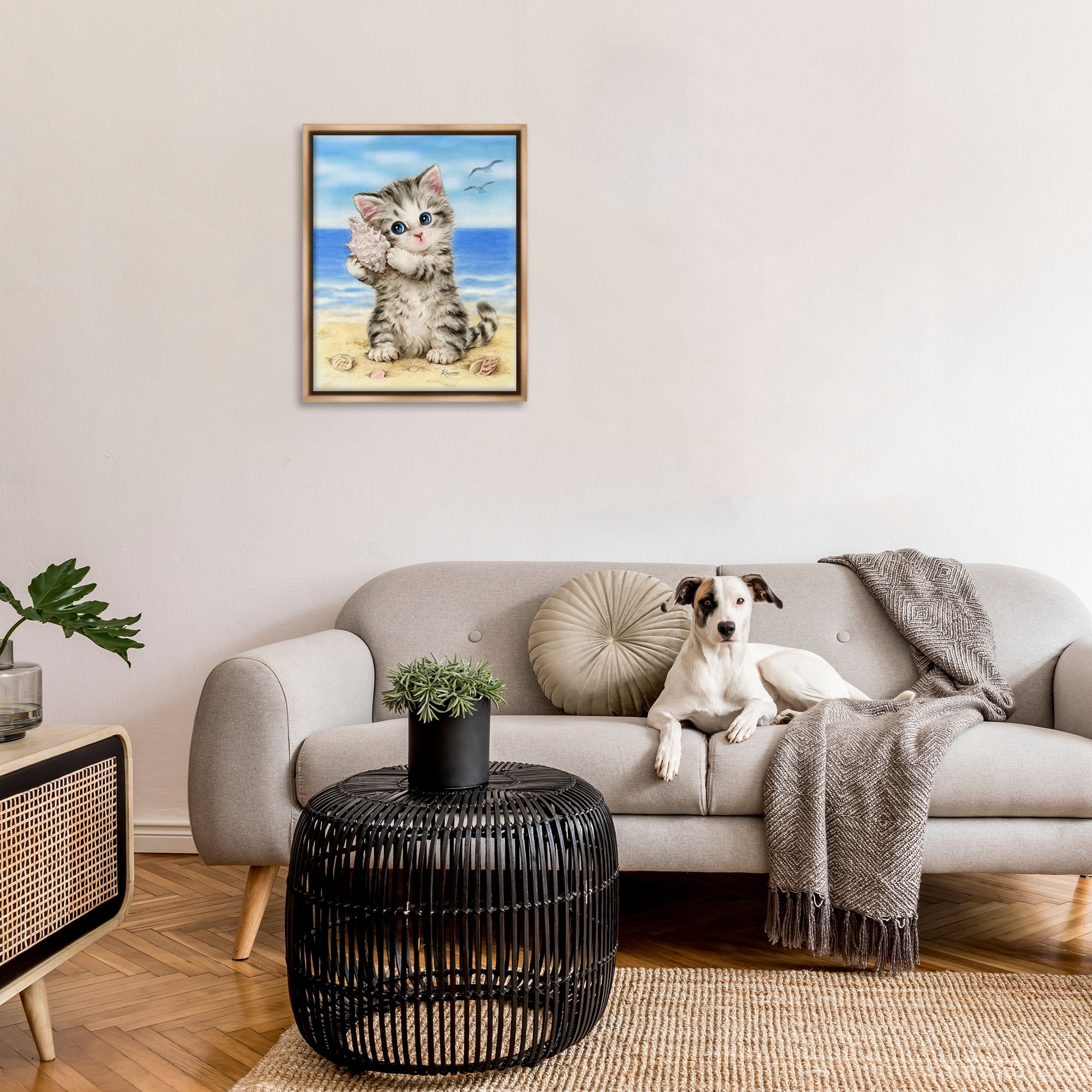 Stupell Industries Kitten with Conch Shell Animals & Insects Painting Brown Floater Framed Canvas Art Print Wall Art, 25 x 31
