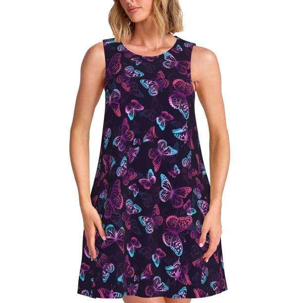 Fotbe Purple Butterfly Vestido de Verano sin Mangas para Mujer – Vestido Midi Línea A, Estilo Camiseta Floral, Vestido Playero Casual y Fluido