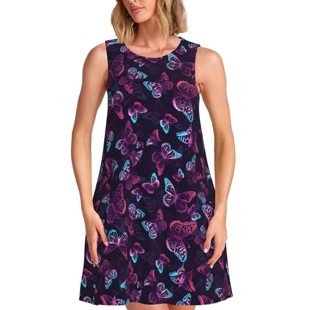 Balery Purple Butterfly Vestidos de verano para mujer con estampado: vestido holgado sin mangas, vestido playero informal y cómodo para días calurosos.