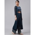 thumbnail image 5 of Janasya Indian Women's Teal Poly Silk Foil Print Crop Top with Palazzo and Jacket, 5 of 10