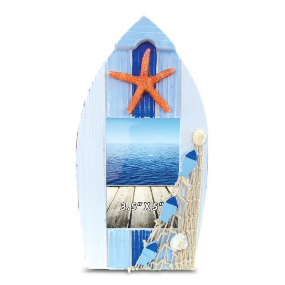 CoTa Global Light Blue Stripes Boat Beach 3.5x5 Frame - Blue Wood Starfish Photo Frame, Handmade Boat Beach Nautical Picture Frame For Tabletop or Wall Hang - 10.75 Inches