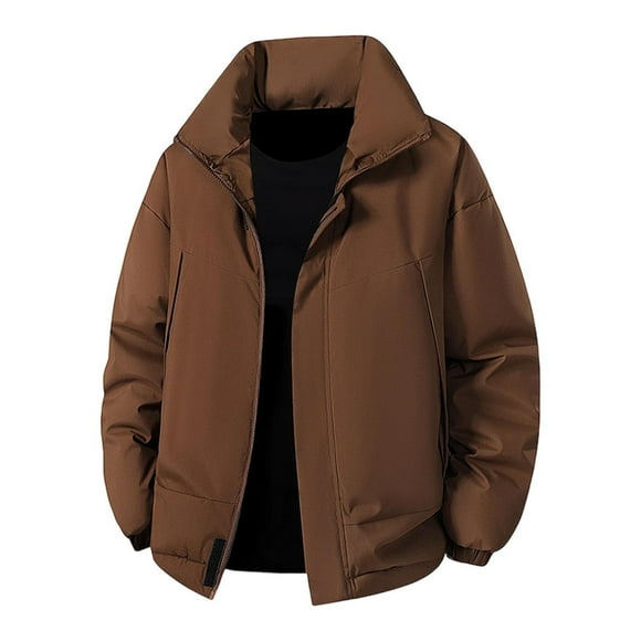 Lovzfmll Men's Windproof Quilted Jacket Outdoor Puffer Coat with Zippered Pockets Coffee, L