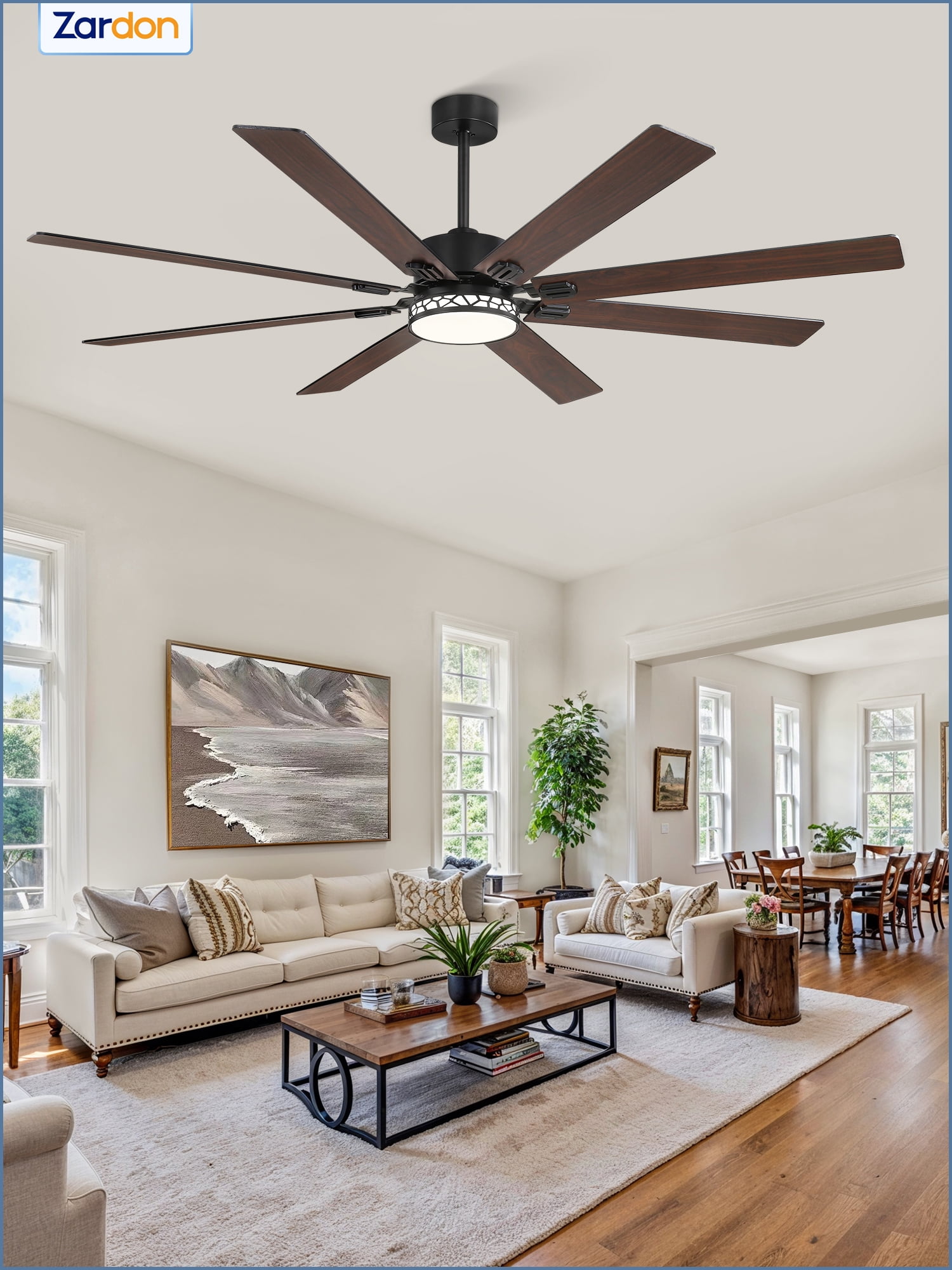Zardon 72 Inch Farmhouse Ceiling Fan with Light & Remote, 8 Black Blades, Quiet DC Motor, Adjustable for Large Rooms
