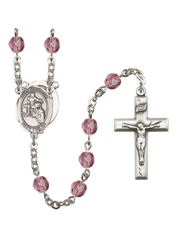 St Sebastian-Motorcycle Center Silver Finish St Sebastian-Motorcycle Rosary with 6mm Pink Color Fire Polished Beads Gift Boxed and 1 3/8 x 3/4 inch Crucifix