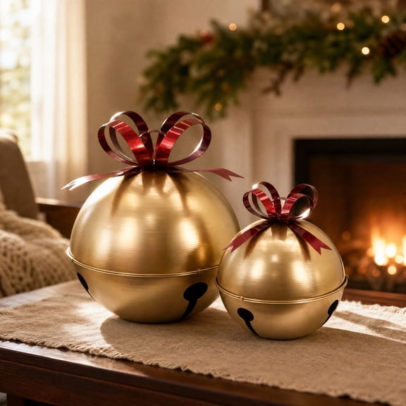 Metal Christmas Jingle Bell Set of 2, Golden Large Bells with Red Bow, Indoor & Outdoor Holiday Ornament for Porch, Yard, Table, Mantel Seasonal Decoration