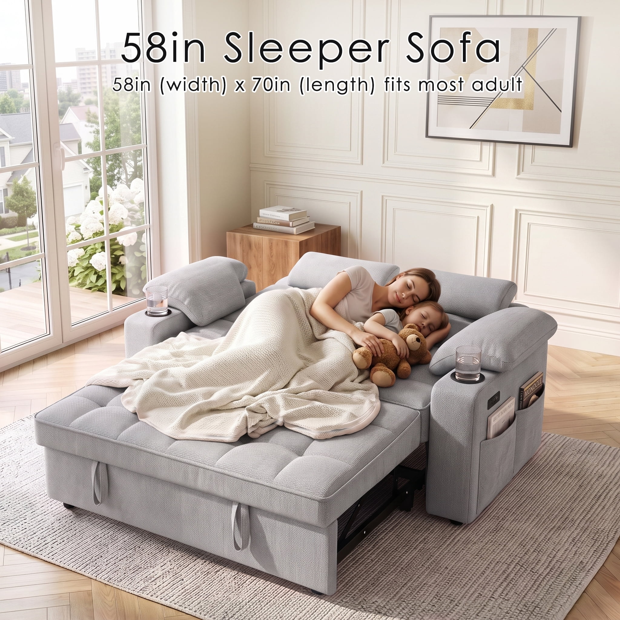 Xiweot Convertible Sleeper Sofa Bed, 58" Full Size Pull Out Couch with Cup Holders, Adjustable Backrest, USB Ports & Side Pockets, Towel Fabric Sleeper Loveseat for Living Room Apartment (Light Gray)