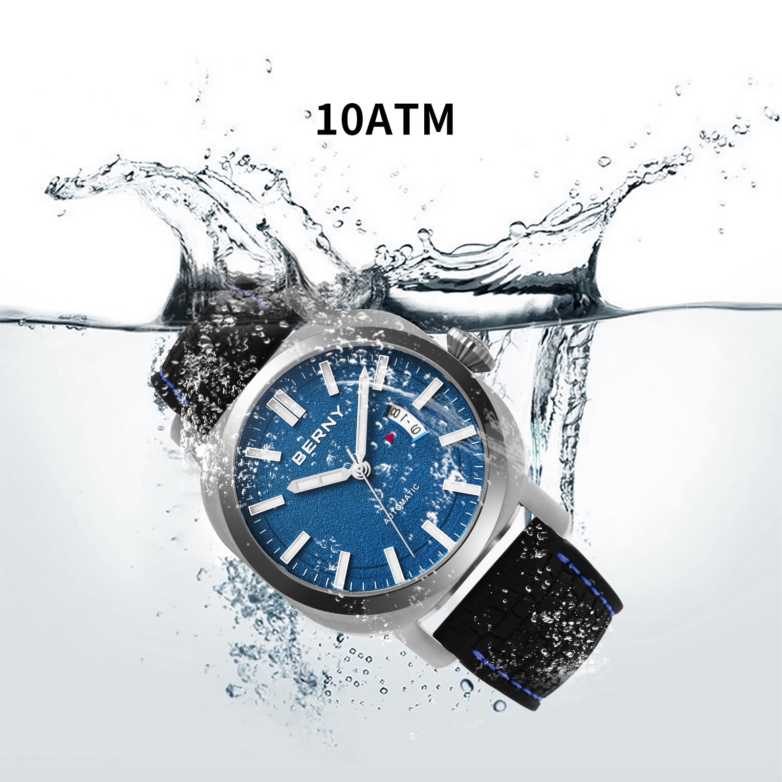BERNY Automatic Watch for Men, Sport 10ATM Waterproof Mechanical Watch with Silicone Strap, Date Calendar, Super Luminous, Sapphire Glass, Fashionl Men's Diver Wristwatch, Blue
