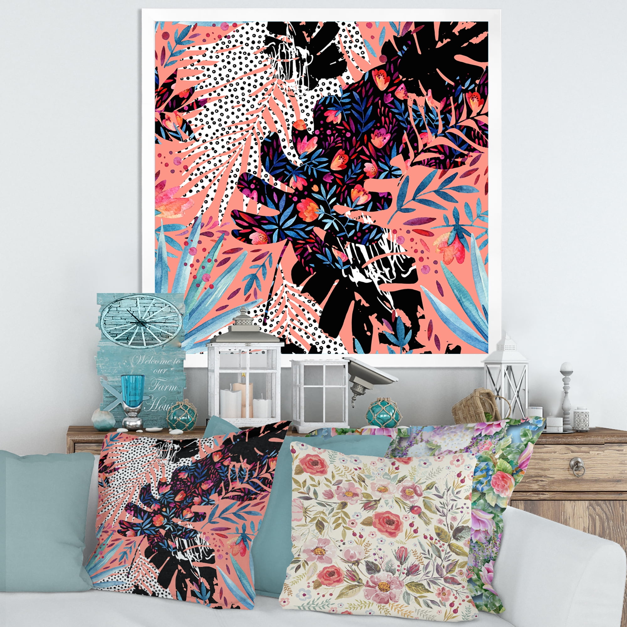 Designart 'Abstract Tropical Floral Patchwork II' Tropical Framed Art Print