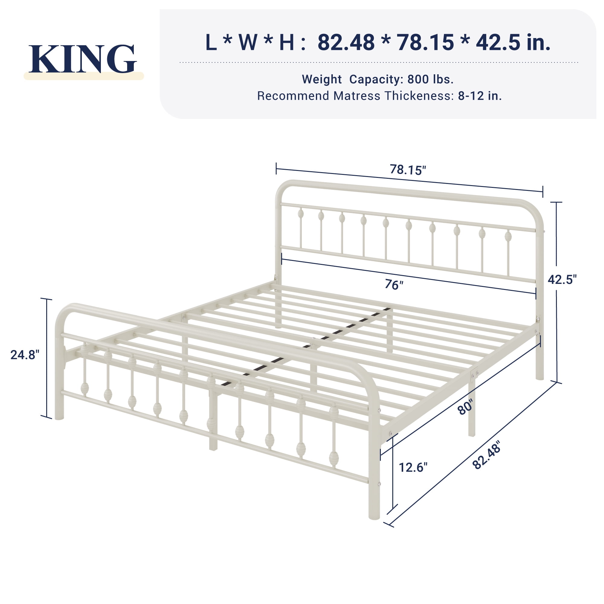 Allewie King Metal Platform Bed Frame with Vintage Pattern Headboard/Footboard, No Box Spring Needed, White