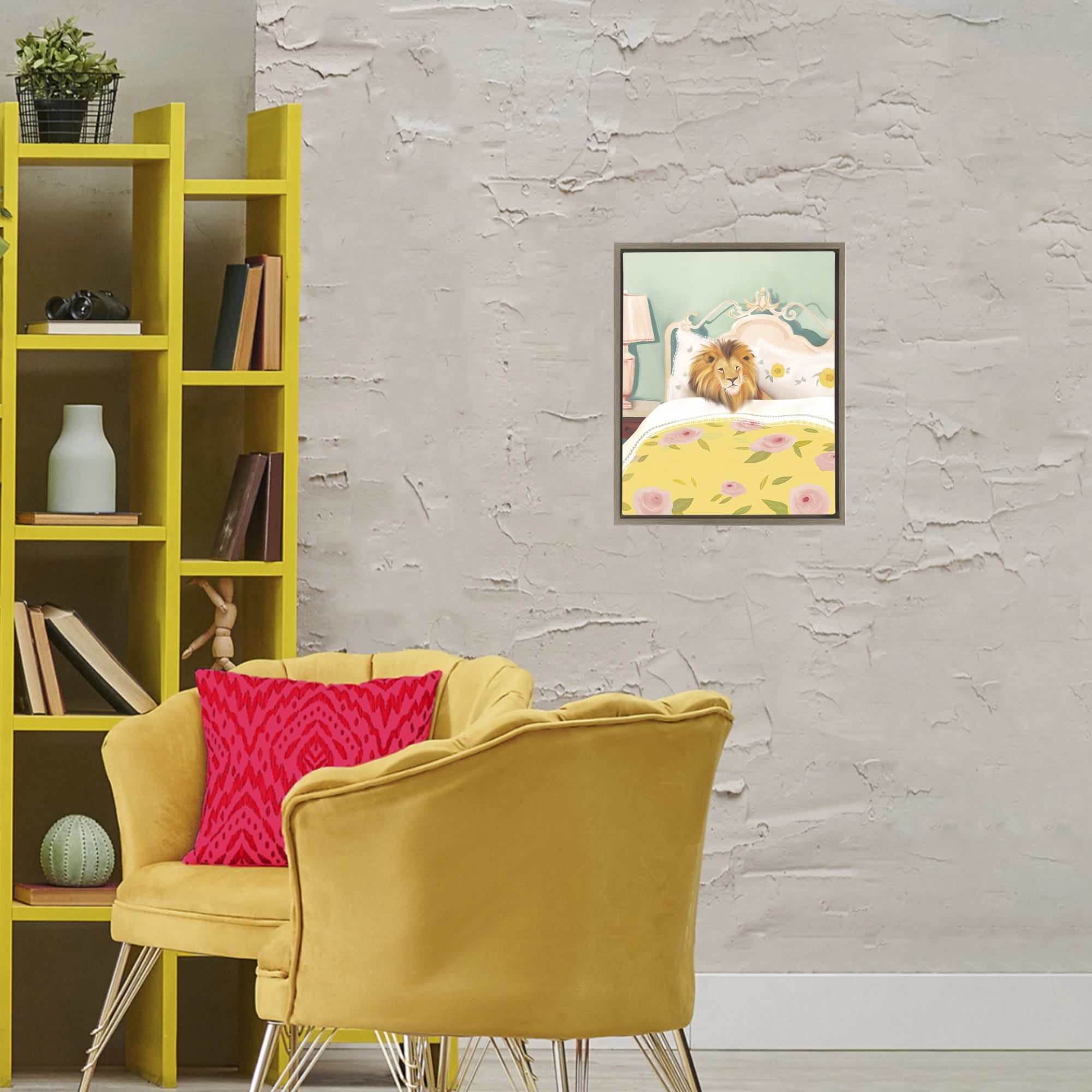 Good Morning Lion in Bed Brown Framed Floater Canvas Wall Art, design by Leah Straatsma