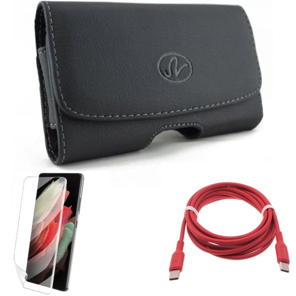 Case Belt Clip w Red 6ft Long Cable w Matte Screen Protector for Samsung Galaxy S21 Plus - Leather Swivel, USB-C to Type-C PD Fast Charger, TPU Film Anti-Glare Accessory Bundle