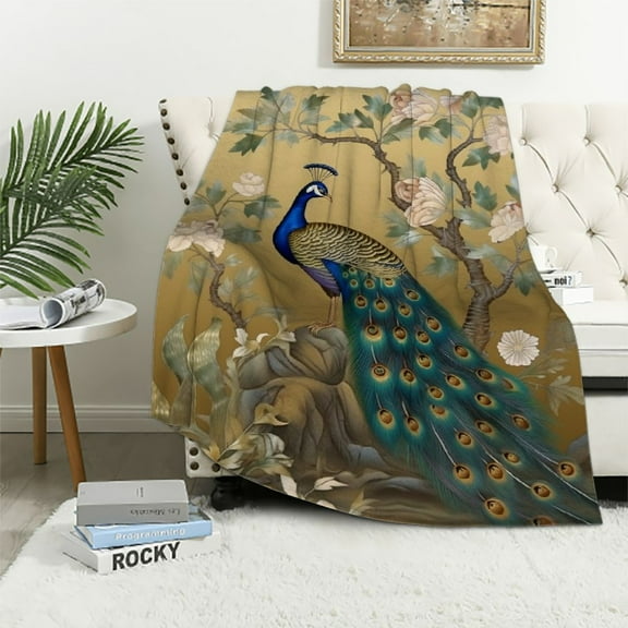 Pratyus Peacock Birds Garden Soft Cozy Printed Blanket & Throw for All Seasons, Lightweight Velvet-Like Flannel Blanket 40x50in