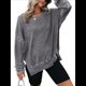 thumbnail image 1 of Sudadera de Cuello Redondo de Punto Gofre de Gran Tamaño para Mujer, Sudadera Informal de Larga con Laterales Gris M, 1 of 7