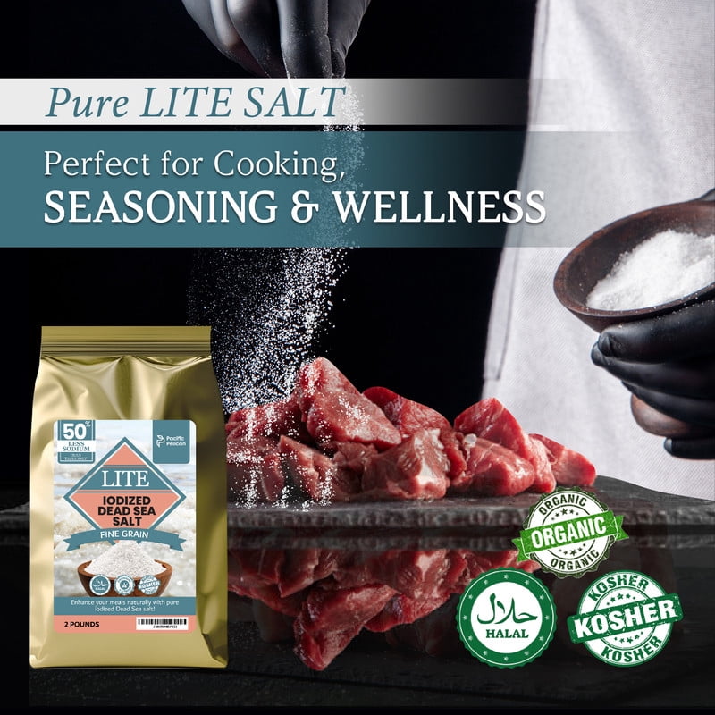 Pacific Pelican Iodized Dead Sea Lite Salt - Fine Grain | Unrefined Kosher, Natural Iodized, Low Sodium Salt for Cooking, Seasoning & Baking (2 lbs)