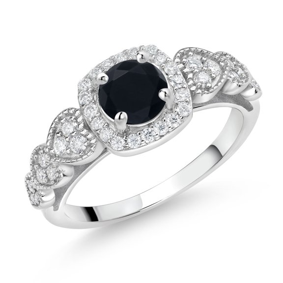 Gem Stone King 925 Sterling Silver Black Onyx and White Moissanite Engagement Ring for Women (1.18 Cttw, Round 6MM, Gemstone December Birthstone, Size 9)
