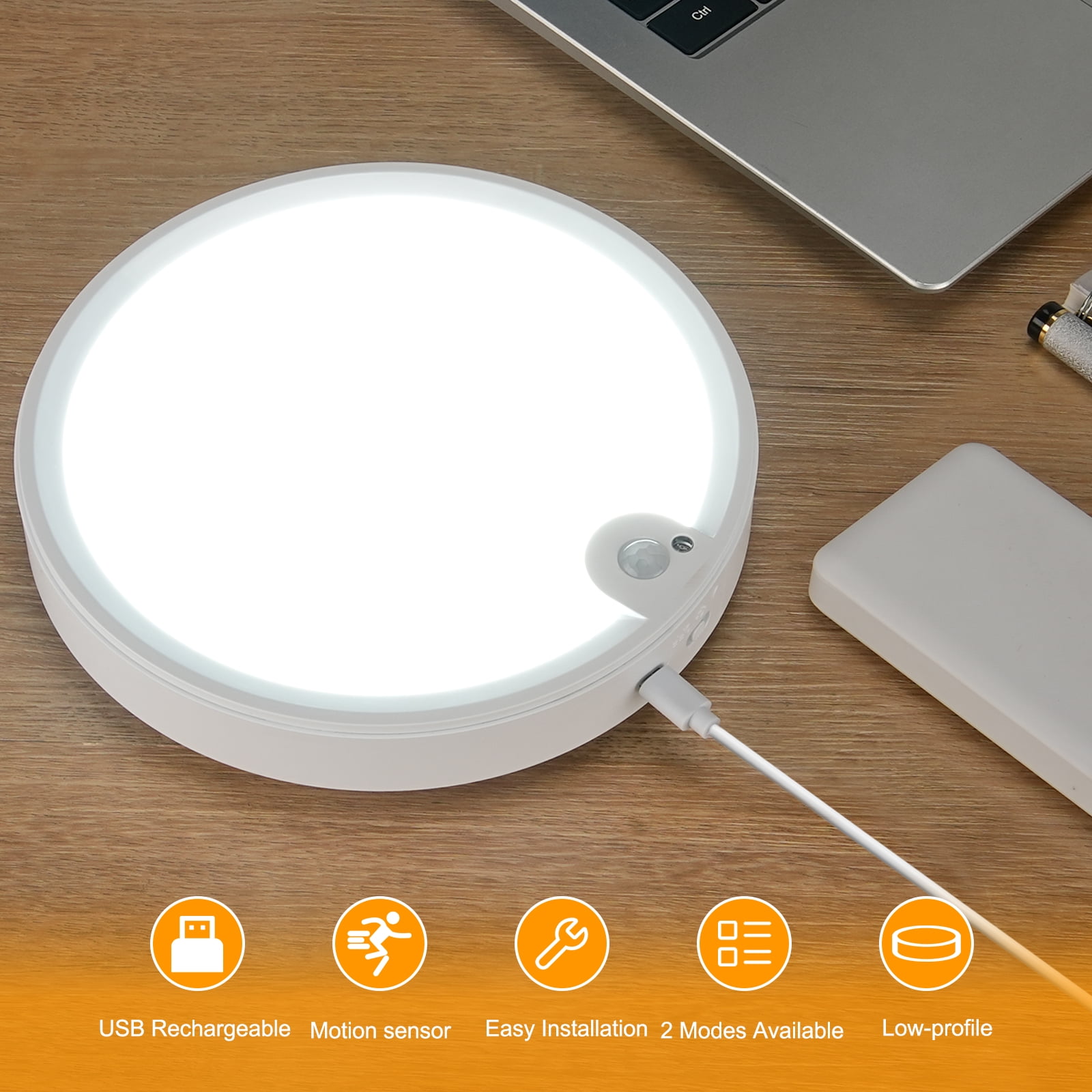 Youtob Wireless Motion Sensor LED Ceiling Light 6500K Rechargeable Battery Powered Light with Two Modes for Closet Stairs Porch Hallway