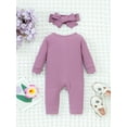 thumbnail image 3 of Kucnuzki Newborn Baby Girls Bodysuits 3-6 Months Winter Warm Clothes Round Neck Long Sleeves Romper Solid Color Knit Jumpsuits Button Bottom One-piece Overalls with Headband 2pcs Purple, 3 of 7