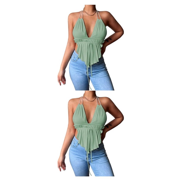 Chaleco con Escote en V profundo Qarigey camisola tirantes finos Top corto Sin espalda