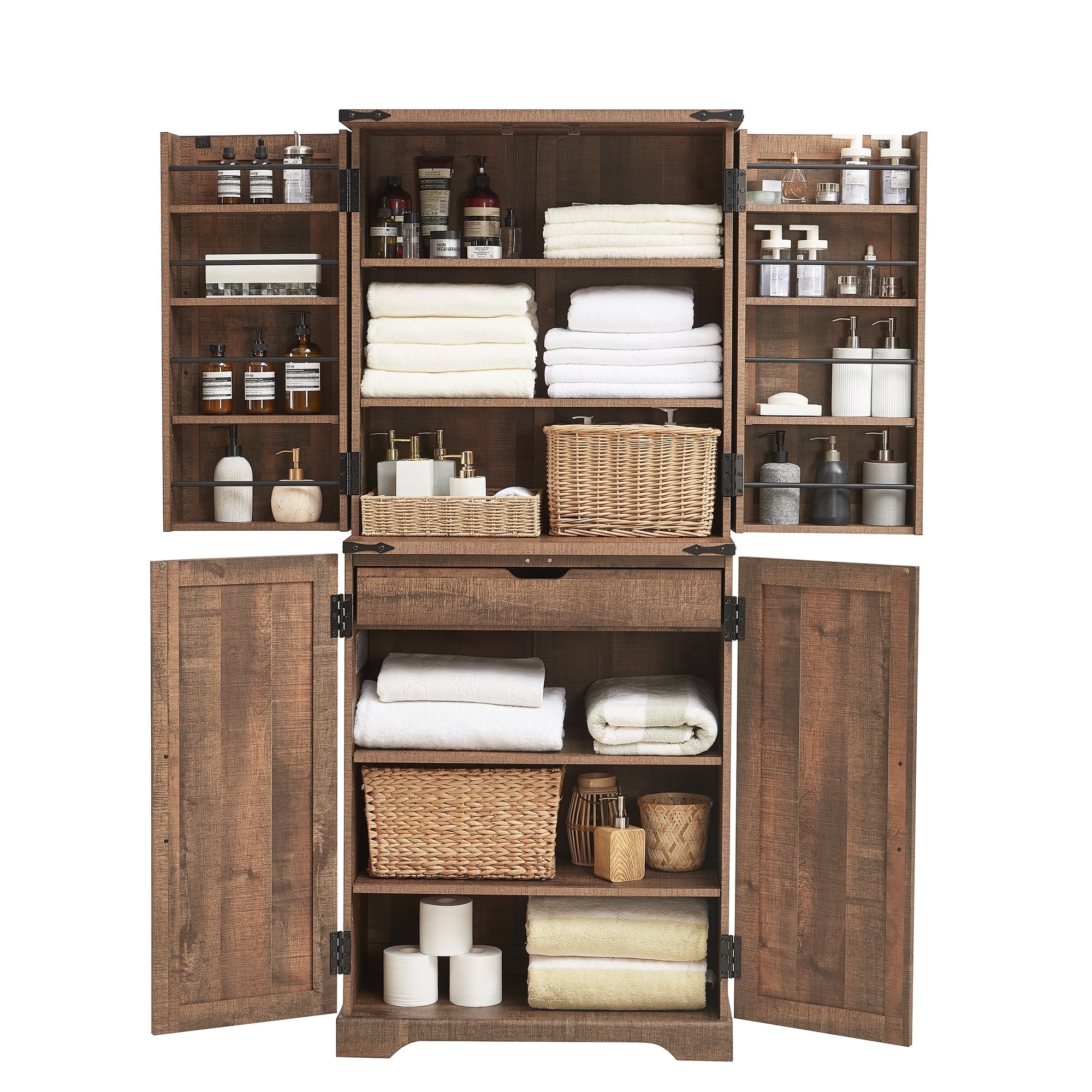 ACCOHOHO 72" Tall Kitchen Pantry, Farmhouse Storage Cabinet with Barn Doors, Drawer and Adjustable Shelves, Rustic Wood Cupboard for Kitchen, Dining Room, Bathroom, Rustic Brown