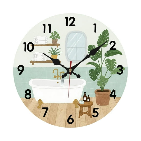 Round Wooden Wall Clock, Rustic Bathroom Bathtub Themed, Durable Indoor/ Outdoor Wreath Hanging Sign, Perfect for Room Decor