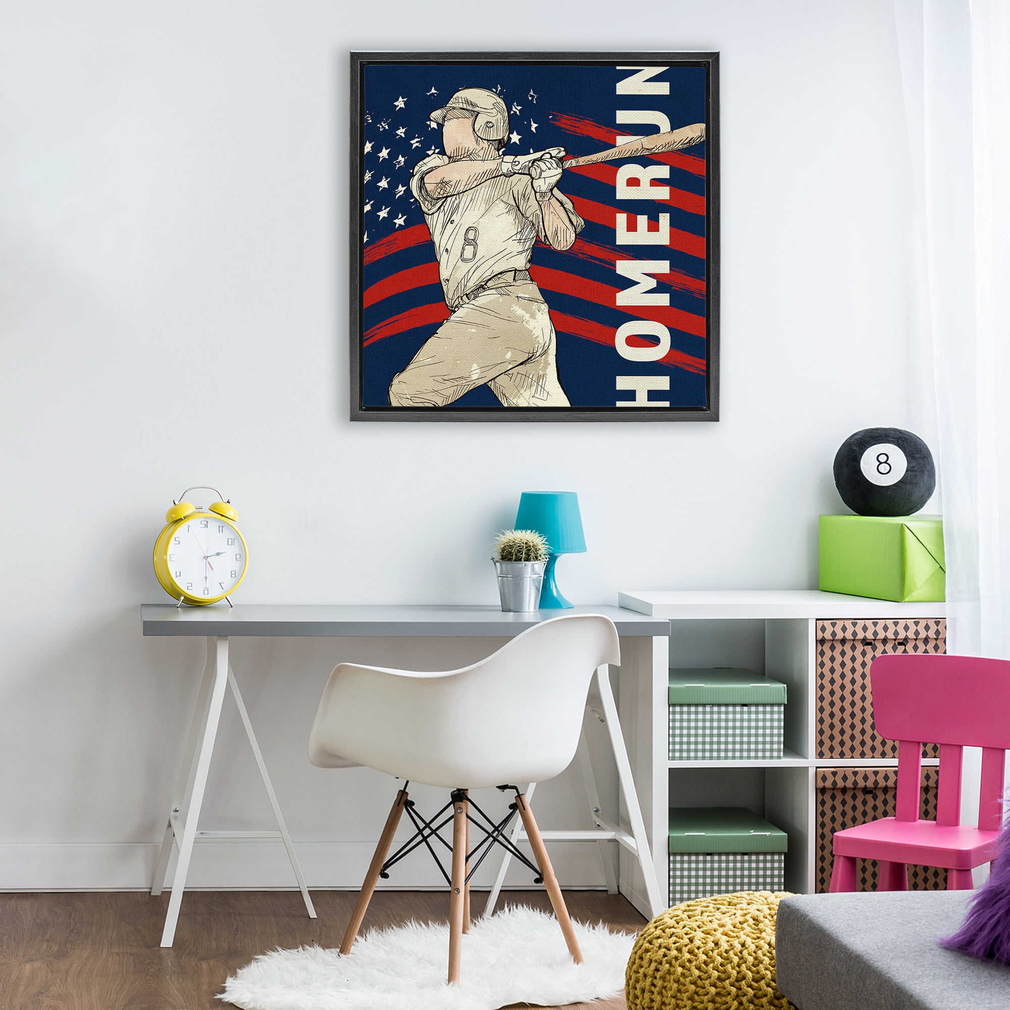 Patriotic Home Run Baseballer Black Framed Floater Canvas Wall Art, design by LightBoxJournal