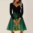 thumbnail image 2 of Women's Casual Fashion V-Neck Long Sleeved Retro Christmas Print Retro Dress, Holiday Print, Audrey Style, Party Wear, Casual Dress, Festive,Army Green,L, 2 of 7