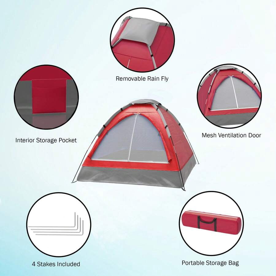 Outdoors 2-Person Camping Tent With Rain Fly & Carrying Bag, Lightweight Waterproof Outdoor Tent For Backpacking, Hiking, Beach, Travel, Red