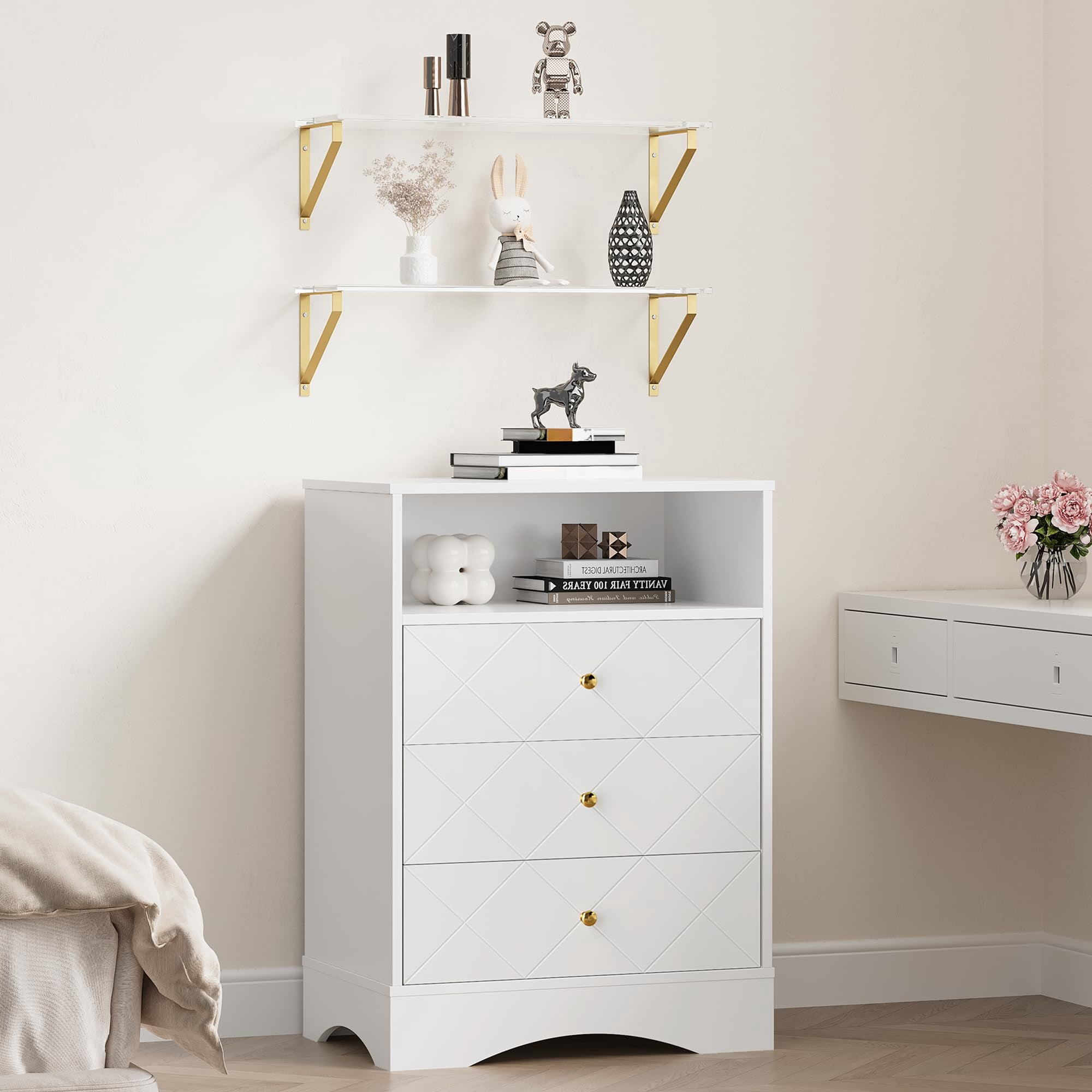 Royalcraft Dresser with Drawers & Floating Shelves, 3 Drawer Dresser with Open Storage & Painted Finish, Modern Storage Dresser for Bedroom, Closet, Hallway, White